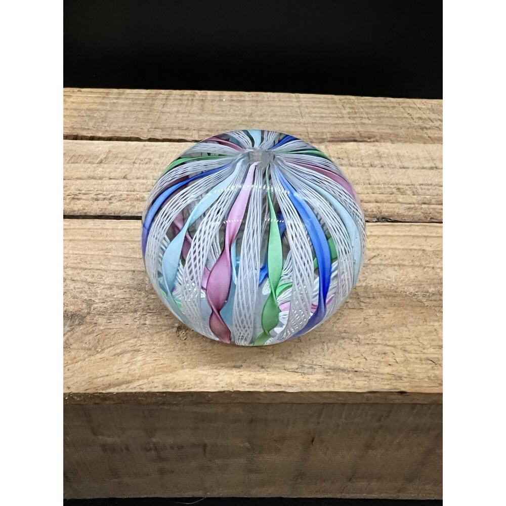 Vintage Zanfirico Murano Venetian Art Glass Latticino Ribbons Paperweight Italy